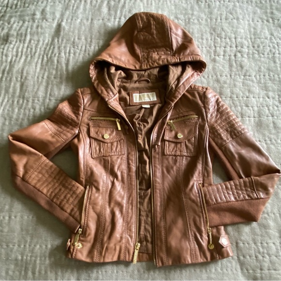 Michael Kors brown leather jacket PXS with gold accents - Picture 11 of 12